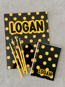 Smiley All Over Folder, Notebook + Pencil Custom Set