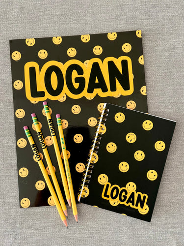 Smiley All Over Folder, Notebook + Pencil Custom Set