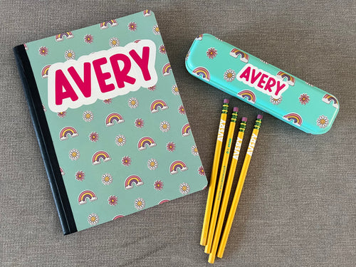 Rainbow & Daisy Pencil Case w/Composition book + PENCILS Set