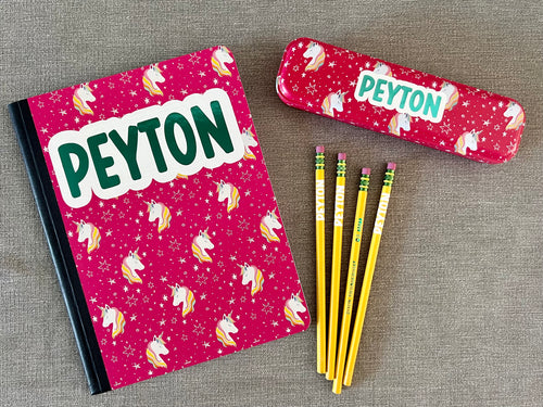 Unicorn Pencil Case w/Composition book + PENCILS Set