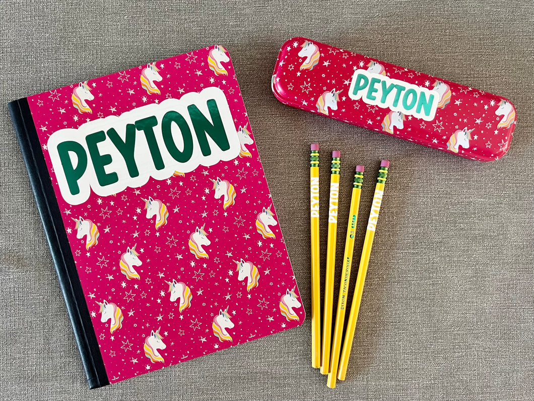 Unicorn Pencil Case w/Composition book + PENCILS Set